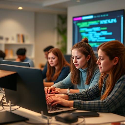 Students participating in a coding workshop led by a female instructor